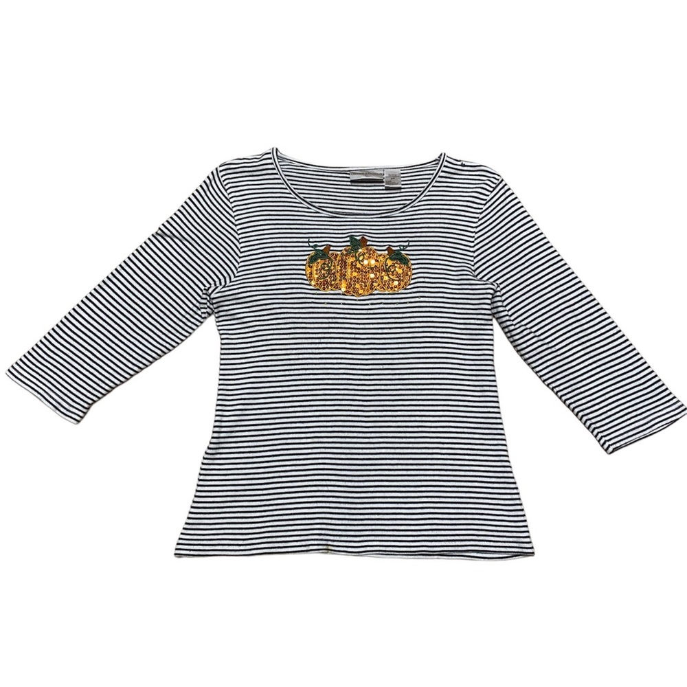 Draper’s & Damon’s Sequin Pumpkin Shirt Women’s M Three Quarter Sleeve Halloween
